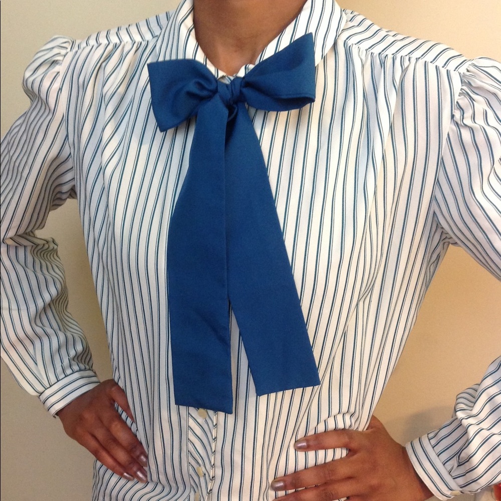 Vintage Blue Stripe Bow Tie Blouse Teal White